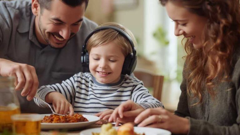 Family enjoying Thanksgiving meal with child wearing headphones, symbolizing autism-friendly holidays and inclusive Thanksgiving traditions.