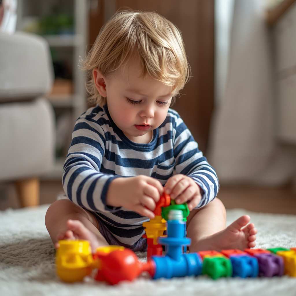 Toddler lining up his toys as a early sign of autism