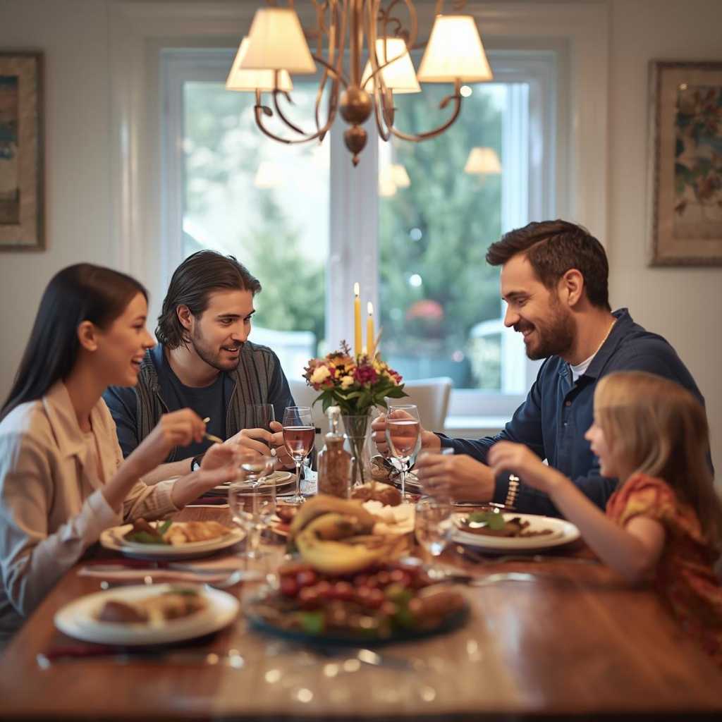 Family enjoying Thanksgiving dinner together, celebrating autism-friendly holidays through inclusive and meaningful holiday traditions.